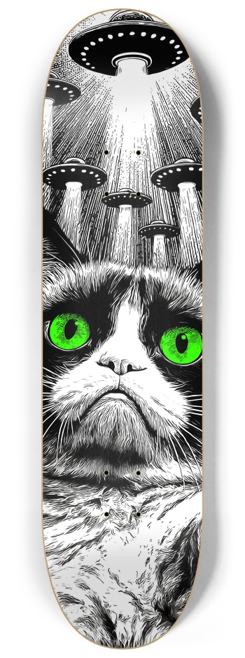 (White is transparent) UFO Grumpy Cat 8-1/4 Skateboard Deck