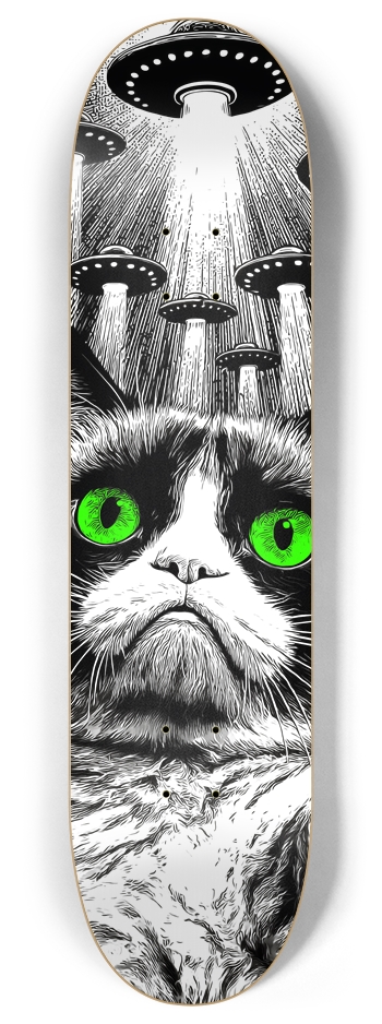 (White is transparent) UFO Grumpy Cat 8 Inch Skateboard Deck